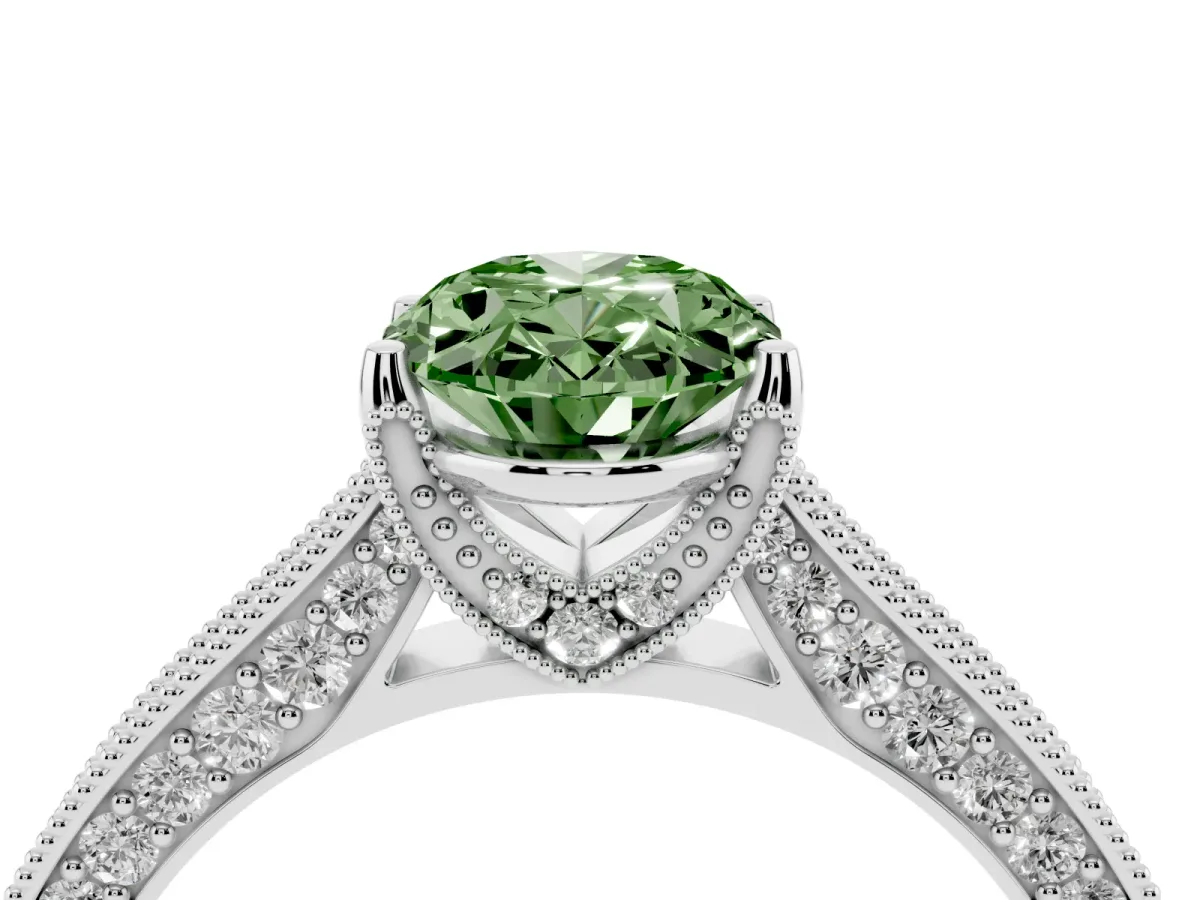 Fancy Green Oval Cut Cut Diamond Solitaire Ring with Milgrain Pave Band and Four Prong Setting Silver