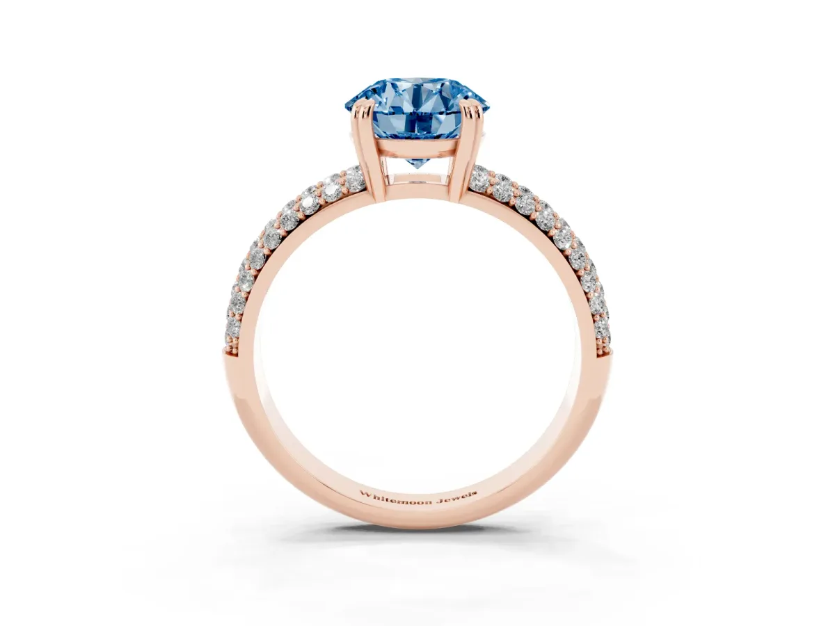 Fancy Blue Round Cut Diamond Solitaire Ring with Multi-Row Round Pavé Band and Prong Setting Rose gold