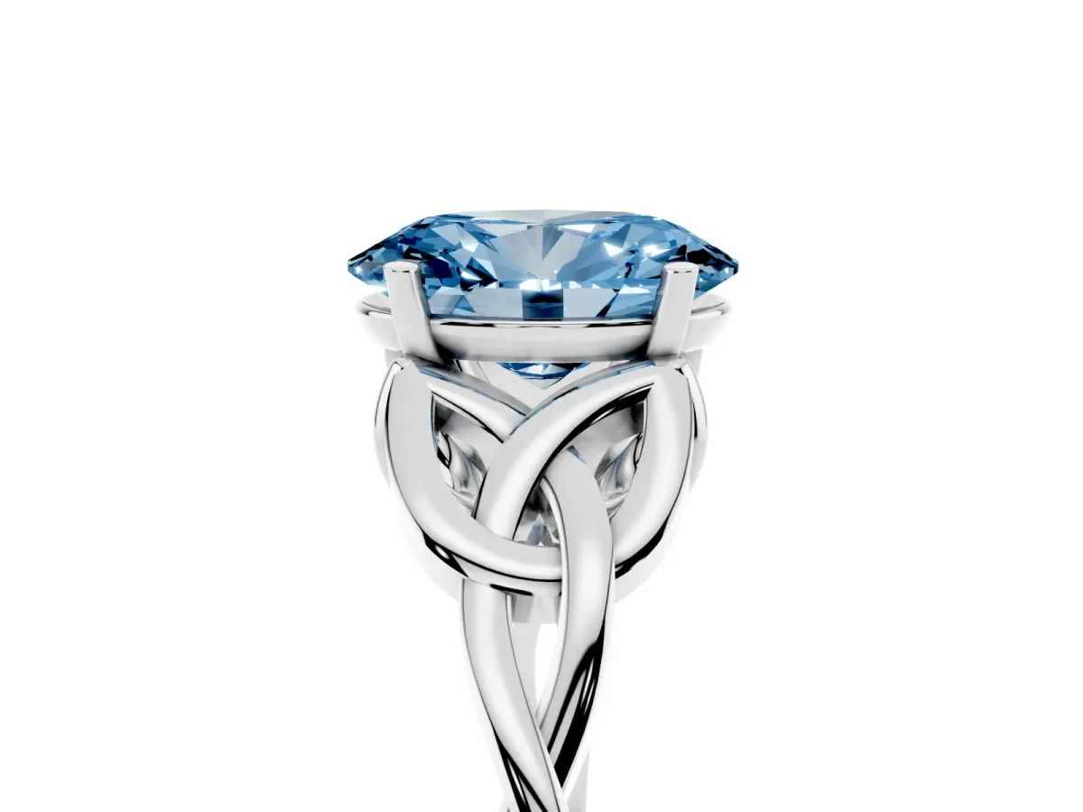 Fancy Blue Oval Cut Diamond Solitaire Engagement Ring with Celtic Knot Band and Four-Prong Setting Silver