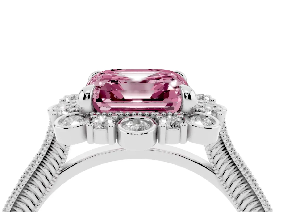 Fancy Pink Asscher Cut Halo Milgrain Pave Diamond Ring with Four-Prong Setting White gold
