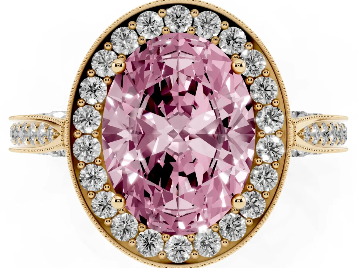 Fancy Pink Oval Cut Halo Diamond Engagement Ring with Split Shank Band and Four-Prong Setting Yellow gold