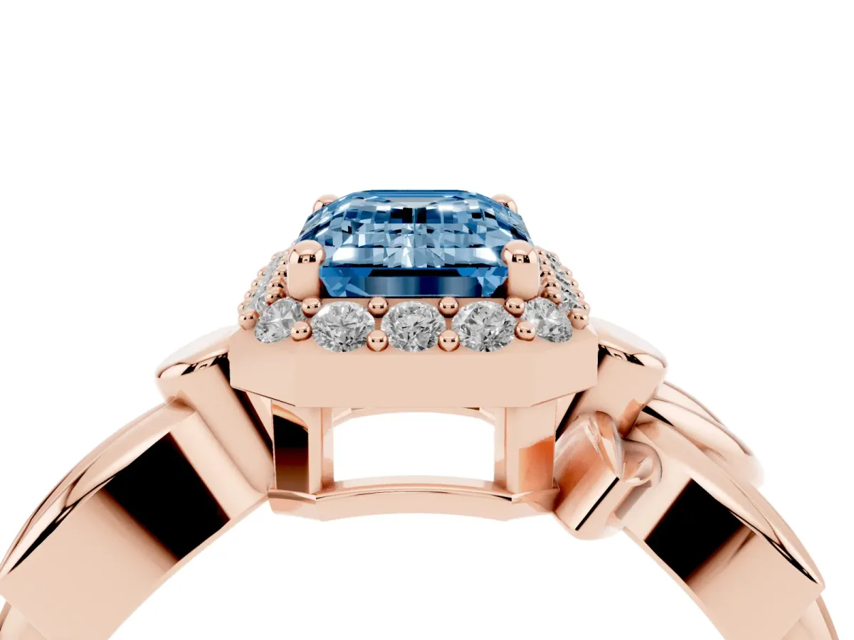 Fancy Blue Emerald Cut Halo Diamond Floral Band with Four-Prong Setting Rose gold