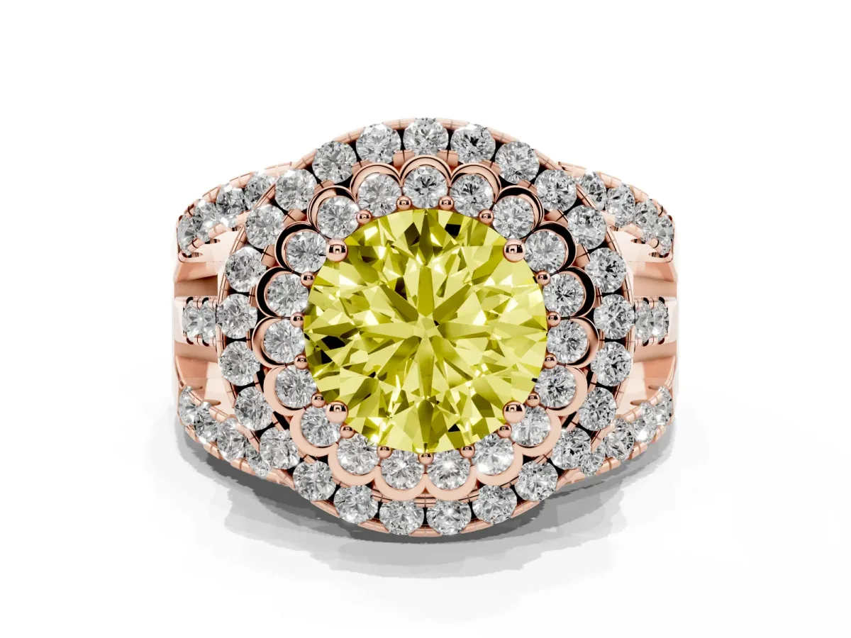 Fancy Yellow Round Cut Diamond Double Halo Ring with Round Pavé Split Shank and Prong Setting Rose gold