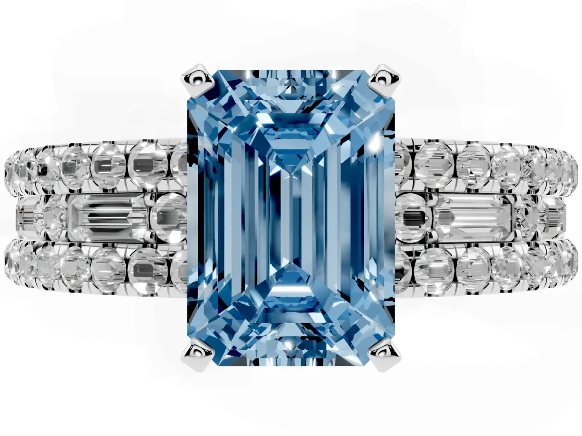Fancy Blue Emerald Cut Diamond Solitaire Ring with Pavé and Channel Set Band Platinum
