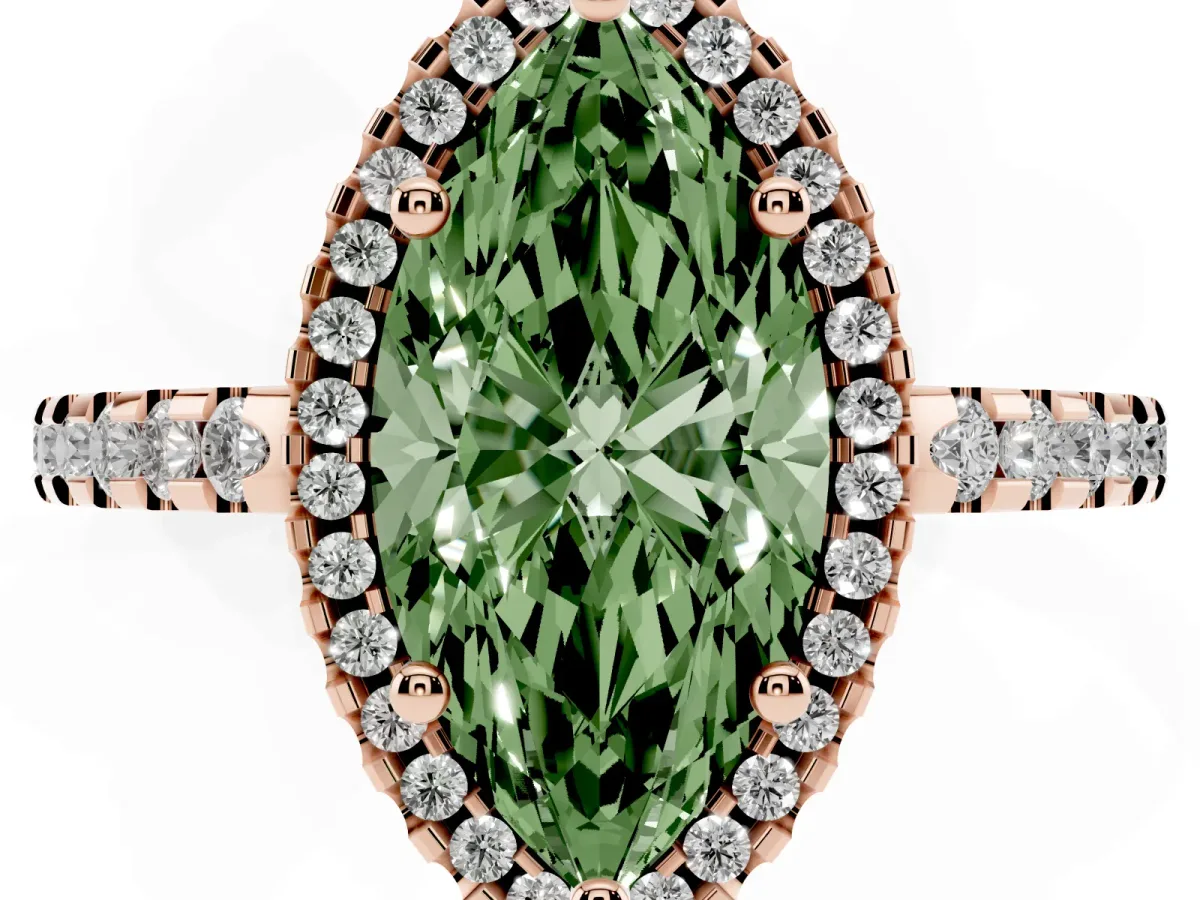 Fancy Green Marquise Cut Diamond Halo Engagement Ring with Pavé Band and Prong Setting Rose gold