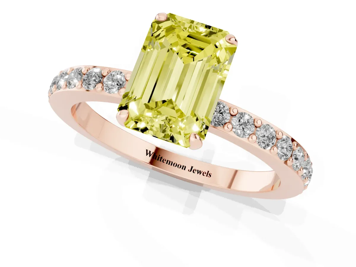 Fancy Yellow Emerald Cut Diamond Pavé Engagement Ring with Round Accents and Prong Setting Rose gold