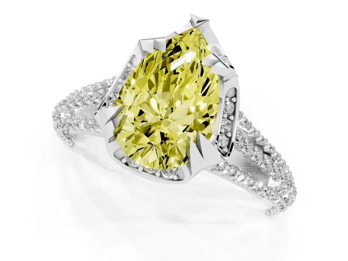 Fancy Yellow Pear Cut Solitaire Pave Split Shank Ring with Four-Prong Setting Silver