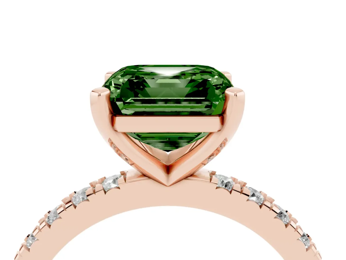 Fancy Green Asscher Cut Diamond Pavé Band Solitaire with Four-Prong Setting Rose gold