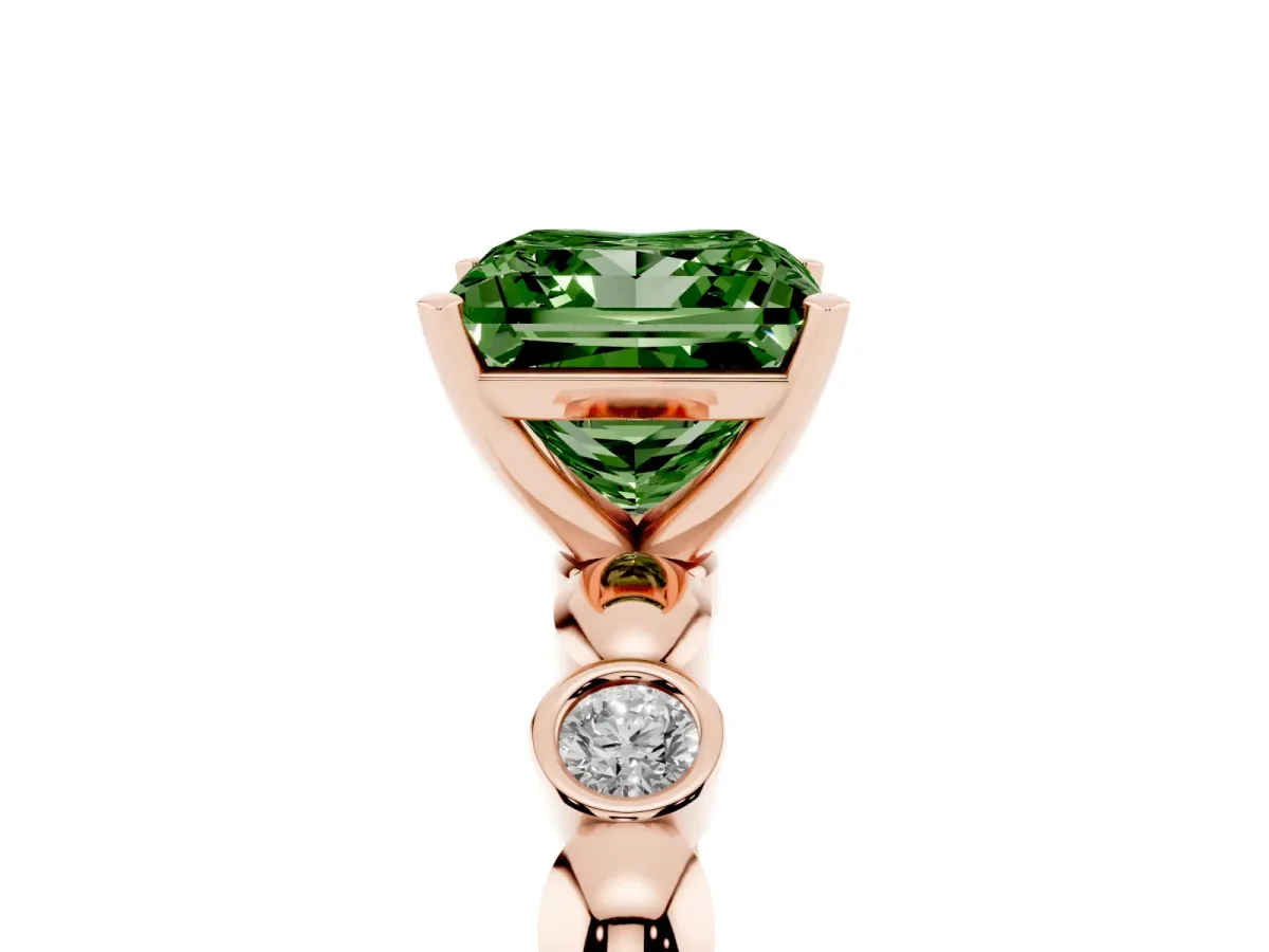 Fancy Green Princess Cut Solitaire Bezel-Set Diamond Ring with Beaded Band and Four-Prong Setting Rose gold