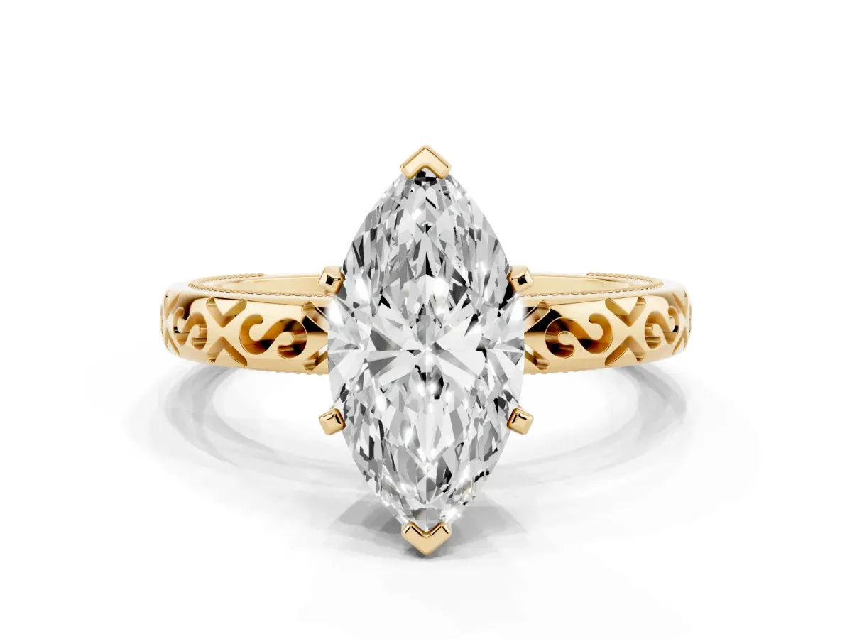 Marquise Cut Solitaire Engagement Ring with Scrollwork Band and Four-Prong Setting Yellow gold