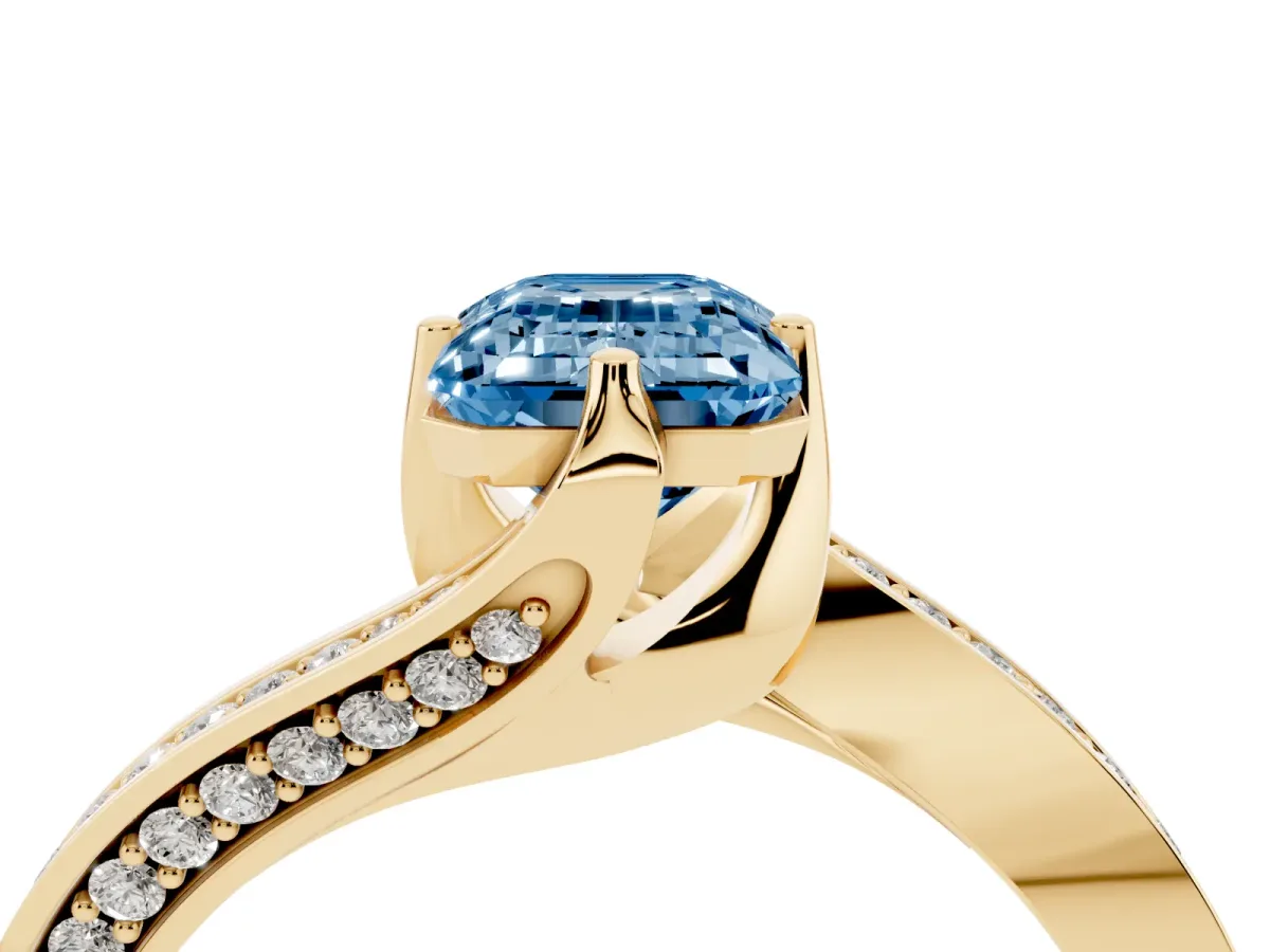Fancy Blue Emerald Cut Solitaire Diamond Twist Band with Pavé Setting and Four-Prong Setting Yellow gold