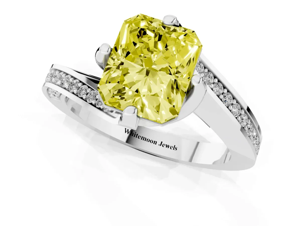 Fancy Yellow Radiant Cut Solitaire Diamond Twist Band with Pavé Setting and Four-Prong Setting Platinum