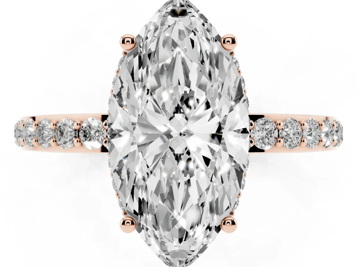 Marquise Cut Diamond Solitaire Ring with Pavé Band and Hidden Halo Rose gold