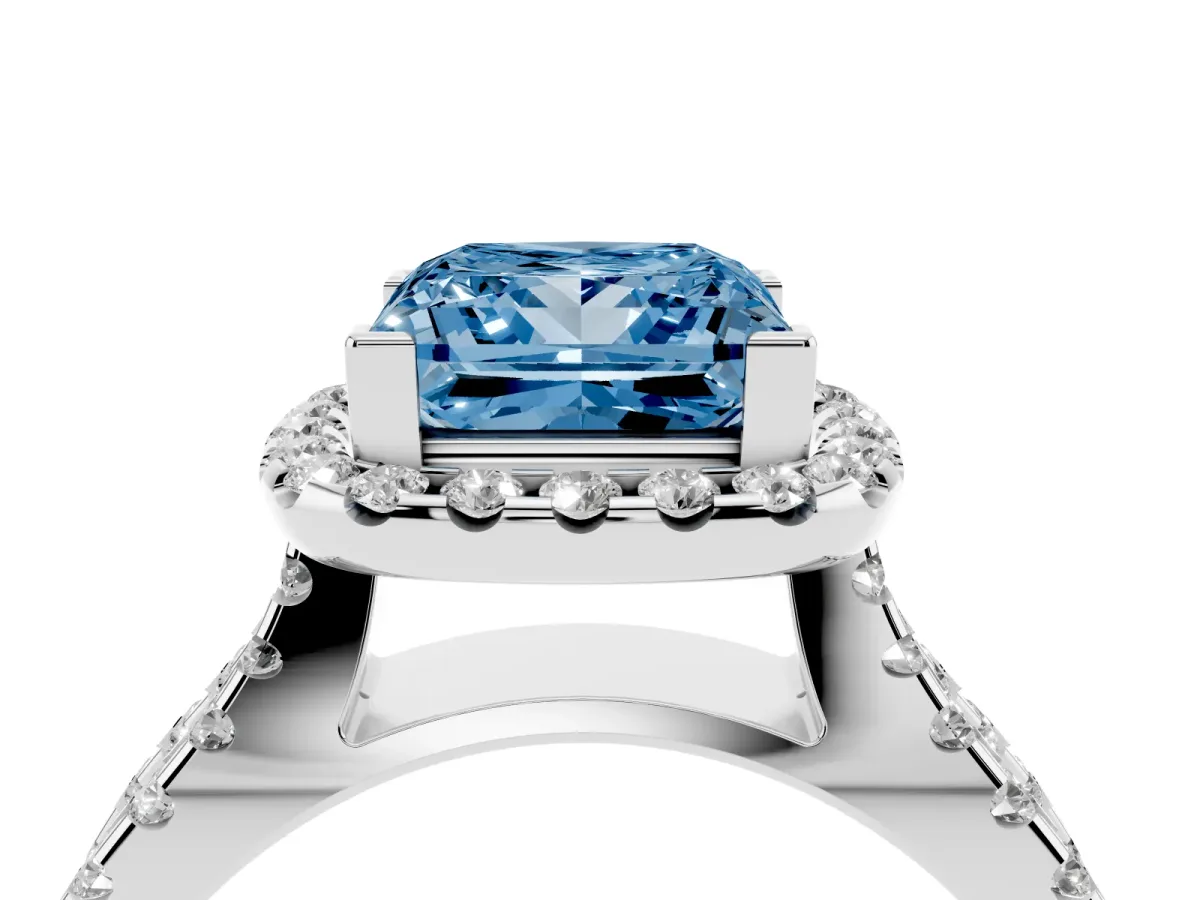Fancy Blue Princess Cut Diamond Halo Ring with Split Shank Pavé Band and Prong Setting Silver