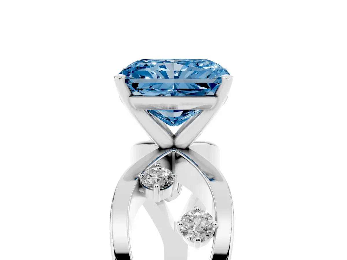 Fancy Blue Radiant Cut Cut Solitaire Diamond with Side Stones on Criss-Cross Band and Four-Prong Setting Platinum
