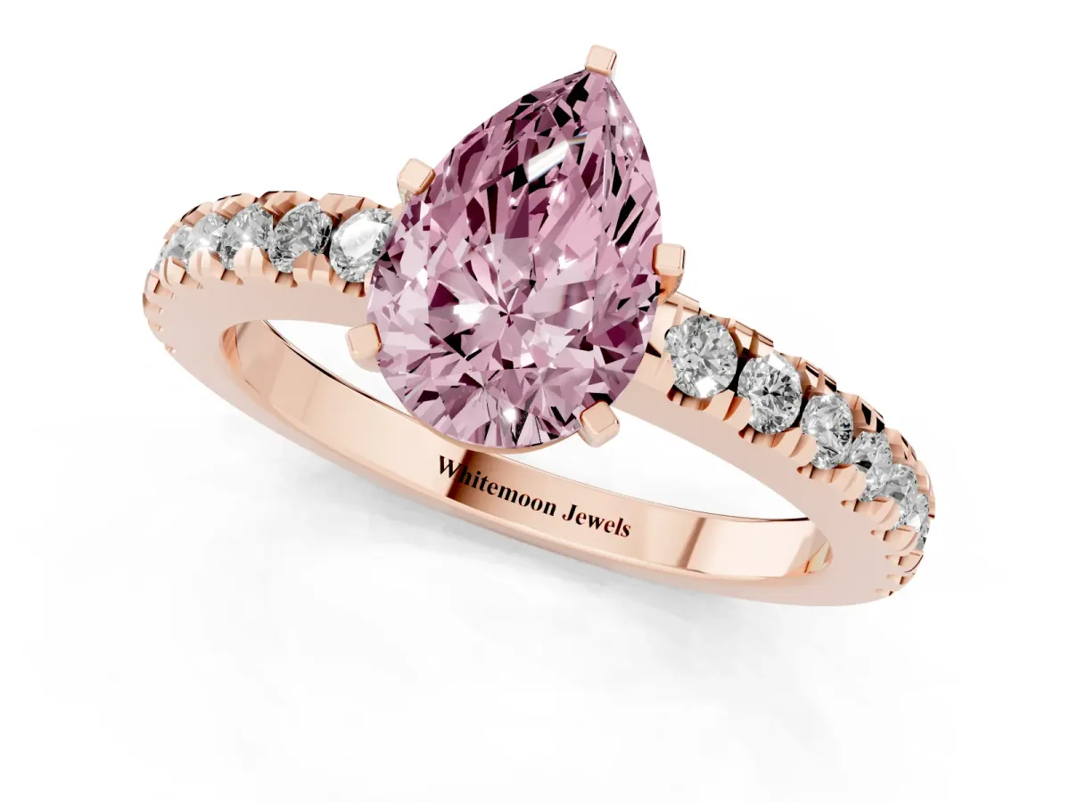 Fancy Pink Pear Cut Solitaire Diamond with Pavé Band and Four-Prong Setting Rose gold