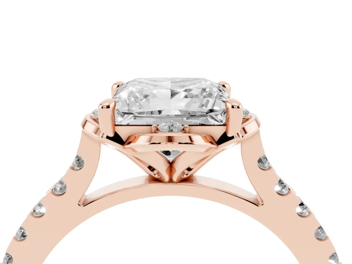 Princess Cut Diamond Ring with Pavé Band and Floral Prong Setting Rose gold