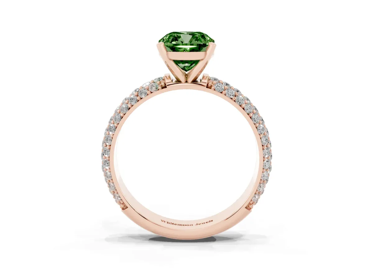 Fancy Green Cushion Cut Diamond Solitaire Ring with Prong Setting and Pavé Band Rose gold