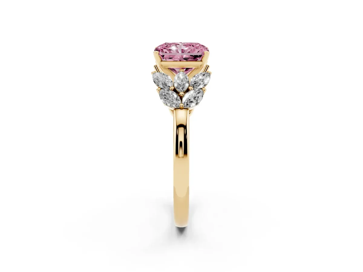 Fancy Pink Radiant Cut Diamond Cluster Leaf Design Ring with Prong Setting Yellow gold
