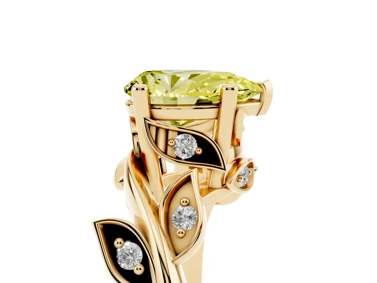 Fancy Yellow Pear Cut Solitaire Twist Engagement Ring with Leaf Accents and Prong Setting Yellow gold