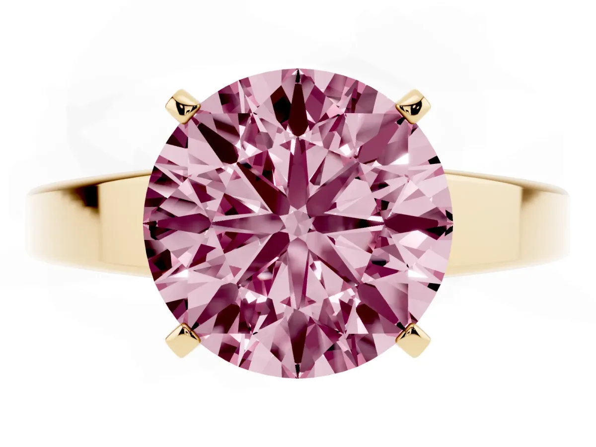 Fancy Pink Round Cut Solitaire Engagement Ring with Four-Prong Setting and Tapered Band Yellow gold
