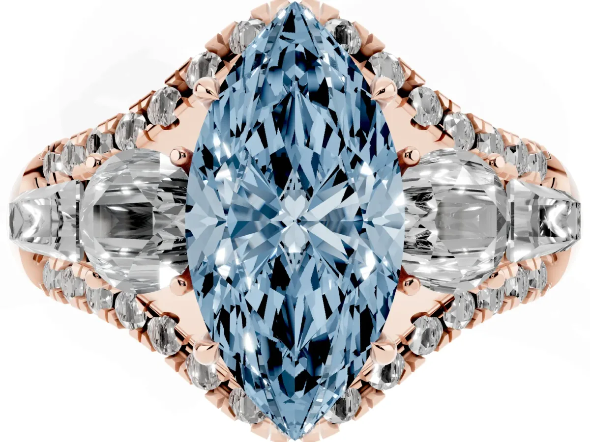 Fancy Blue Three-Stone Marquise Cut Diamond Engagement Ring with Pave Band and Prong Setting Rose gold