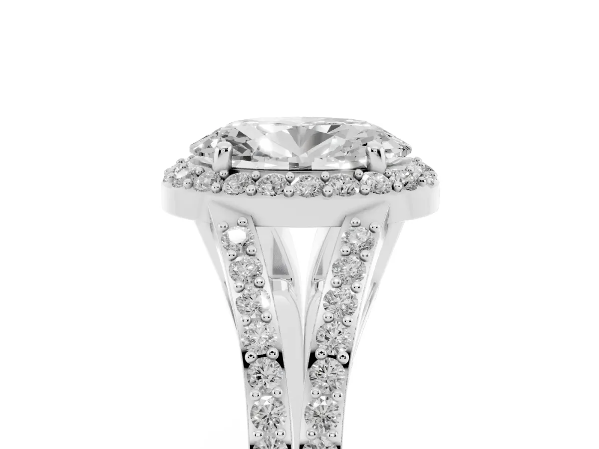 Oval Cut Halo Split Shank Diamond Ring with Prong Setting Platinum