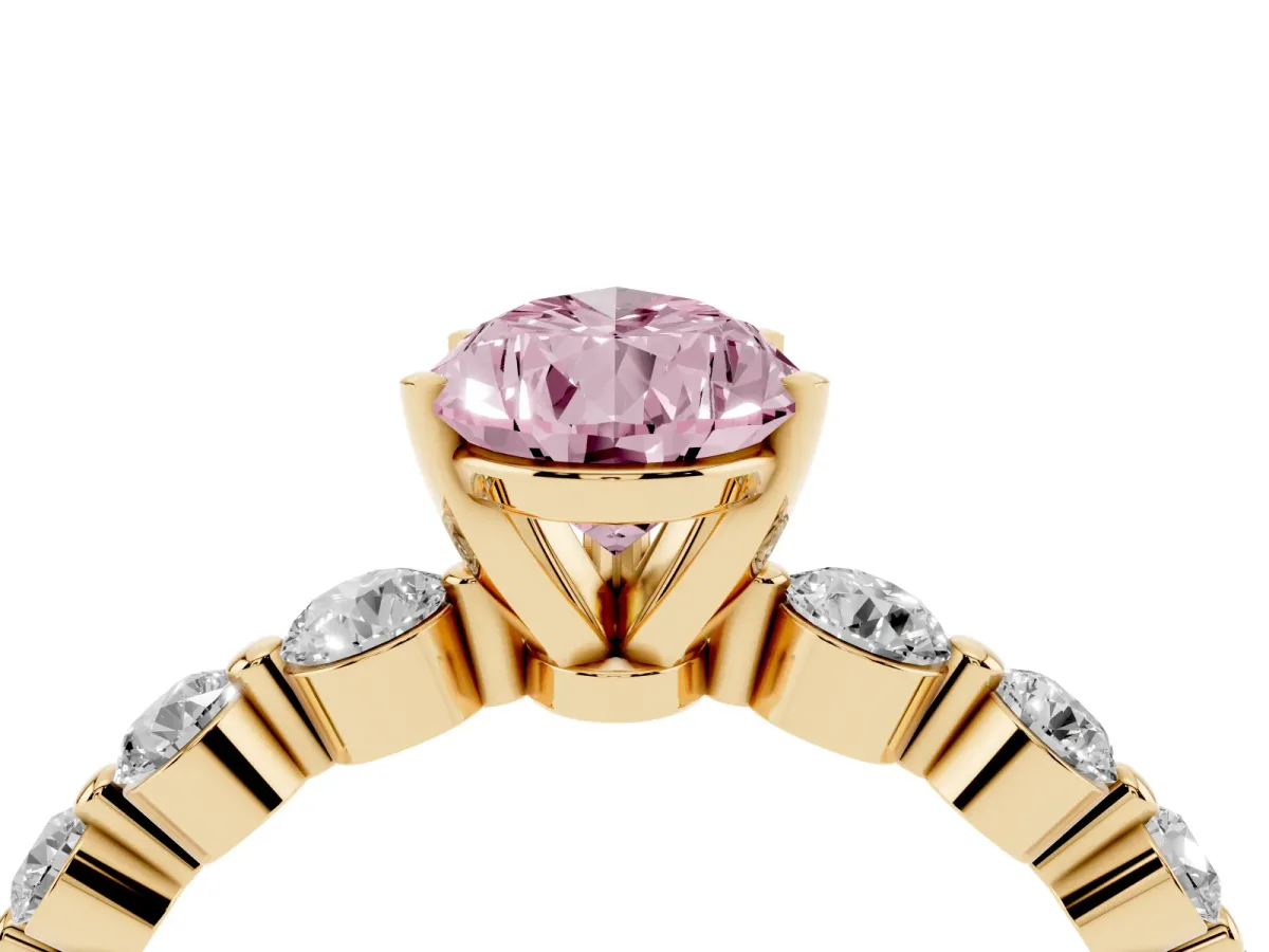 Fancy Pink Pear Cut Solitaire Diamond Ring with Pave Band and Four-Prong Setting Yellow gold