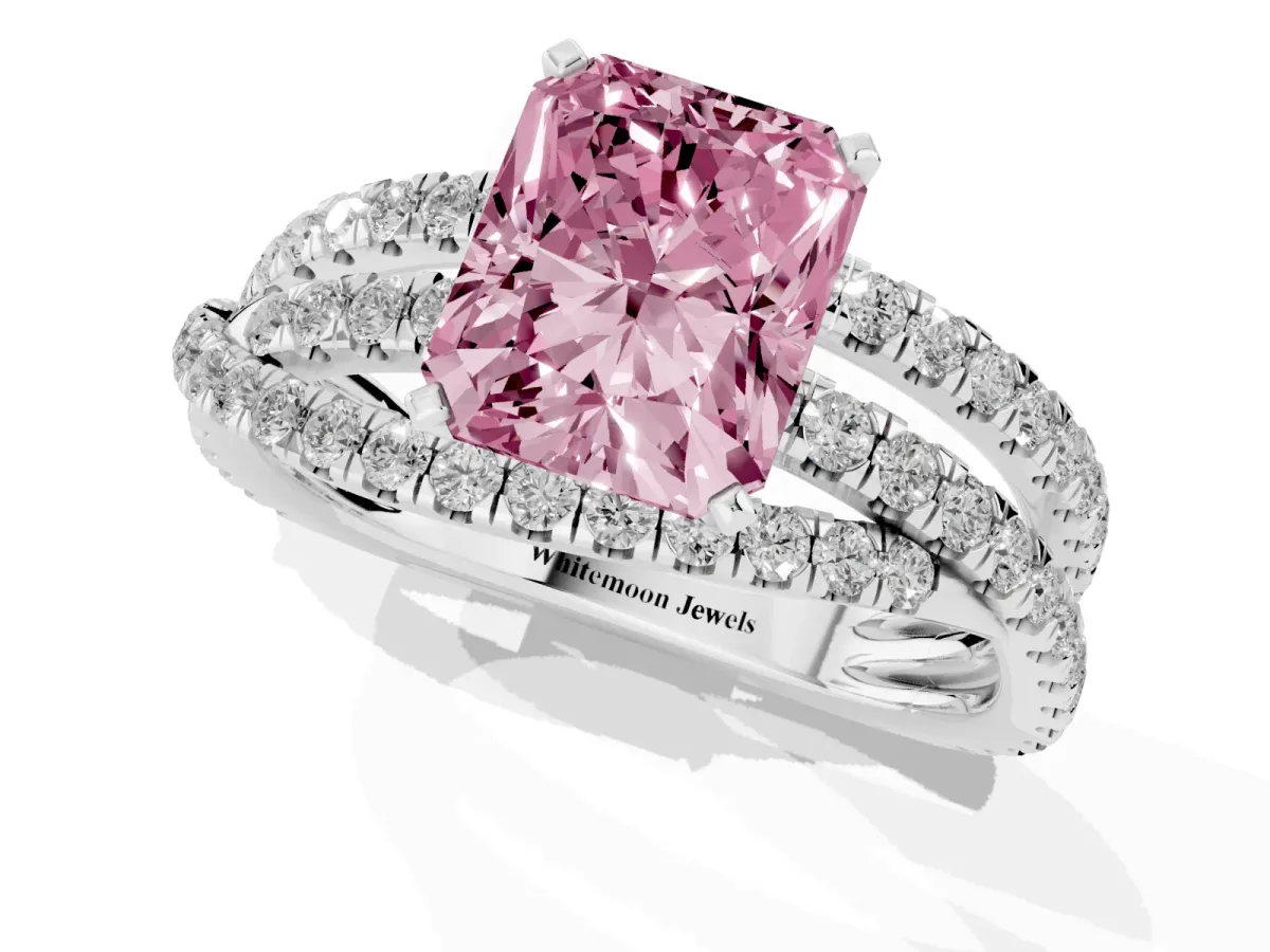Fancy Pink Radiant Cut Solitaire Twist Band with Pavé Setting and Four-Prong Setting Silver