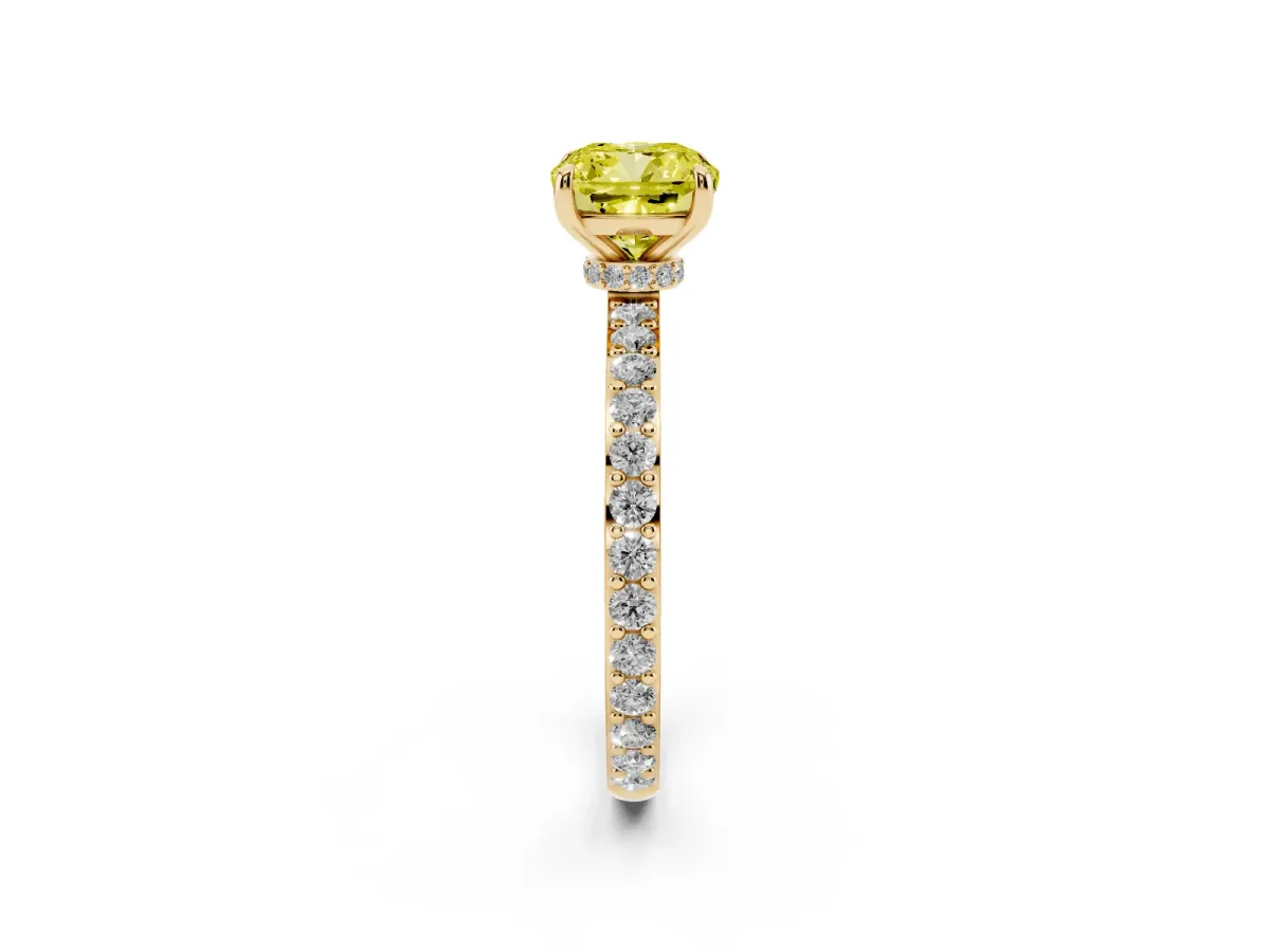 Fancy Yellow Cushion Cut Diamond Pavé Engagement Ring with Round Accents and Prong Setting Yellow gold