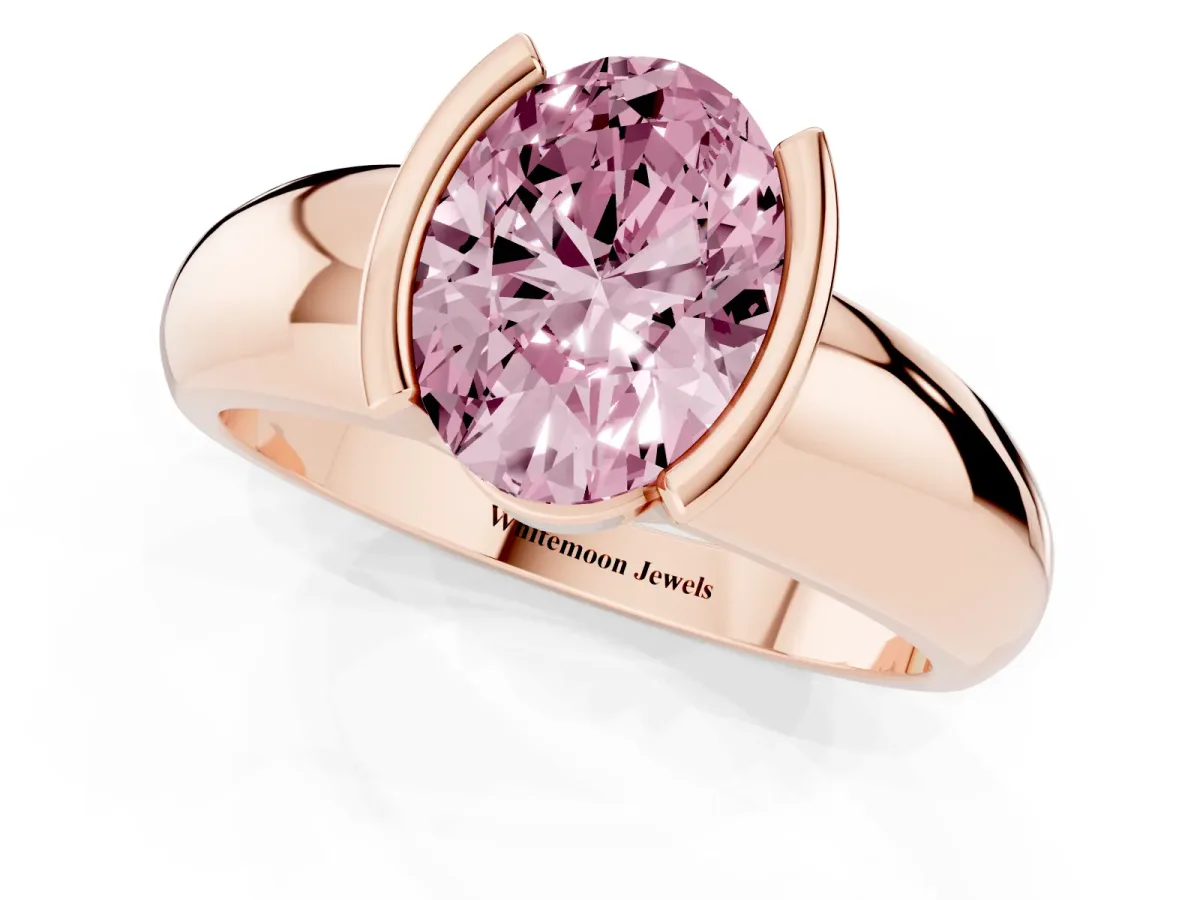 Fancy Pink Oval Cut Solitaire Tension Set Diamond Ring with Wide Band Rose gold