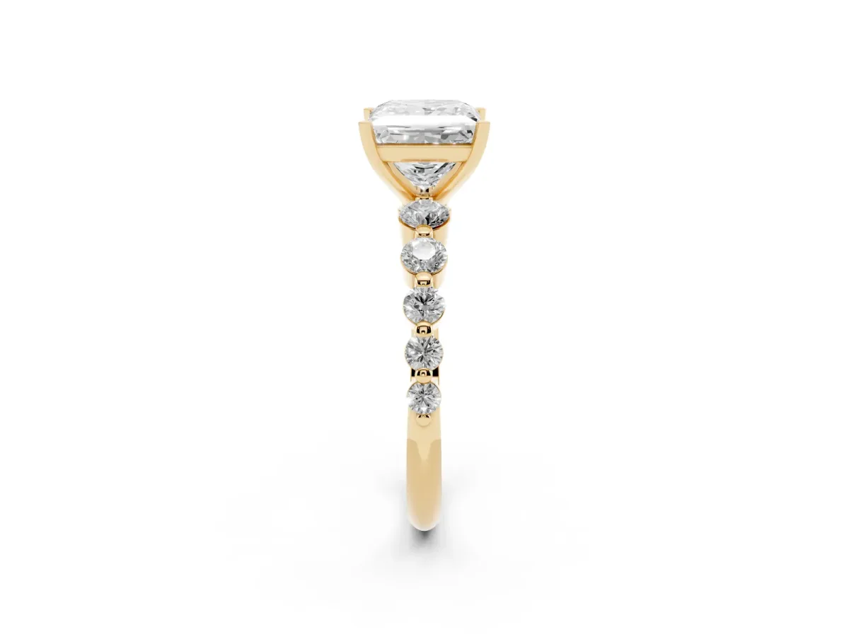Princess Cut Solitaire Diamond Ring with Pave Band and Four-Prong Setting Yellow gold