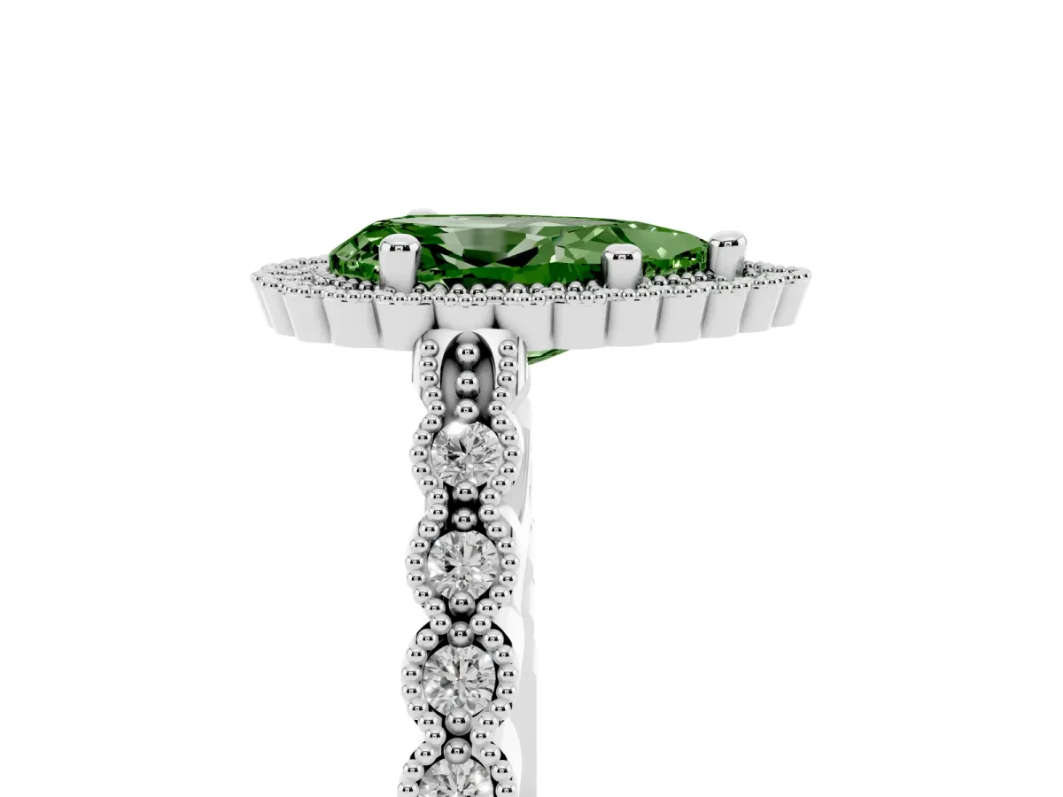 Fancy Green Pear Cut Cut Halo Pavé Solitaire Ring with Milgrain Band Silver
