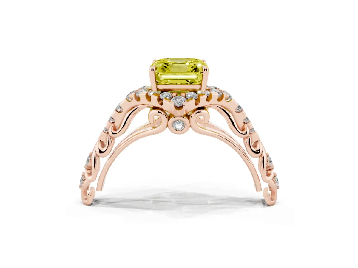 Fancy Yellow Asscher Cut Diamond Solitaire Ring with Hidden Halo and Pavé Band Rose gold