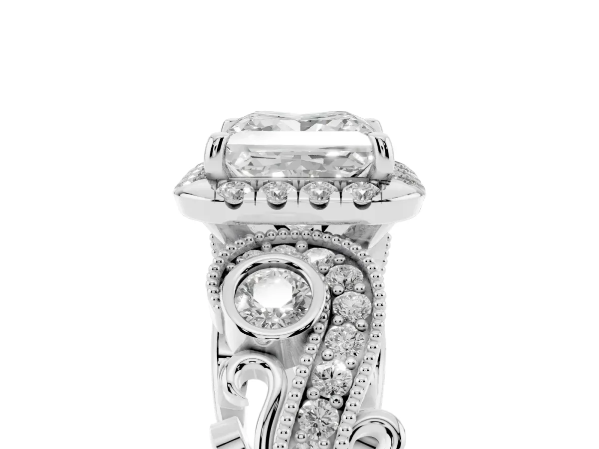 Princess Cut Diamond Halo Ring with Milgrain Pavé Band and Four-Prong Setting Silver