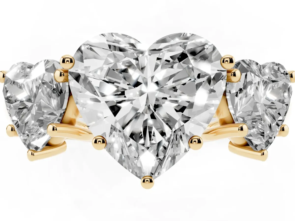 Three-Stone Heart Cut Diamond Engagement Ring with Prong Setting Yellow gold