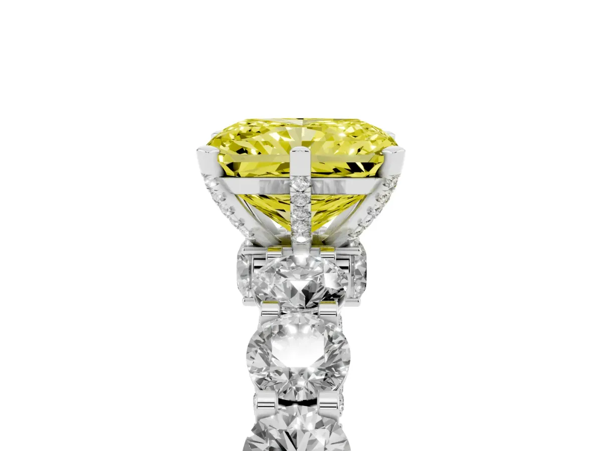 Fancy Yellow Radiant Cut Diamond Side Stone Engagement Ring with Four-Prong Setting Silver