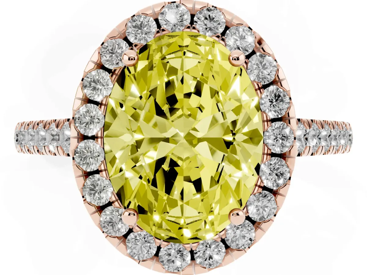 Fancy Yellow Oval Cut Halo Pavé Diamond Engagement Ring with Four-Prong Setting Rose gold