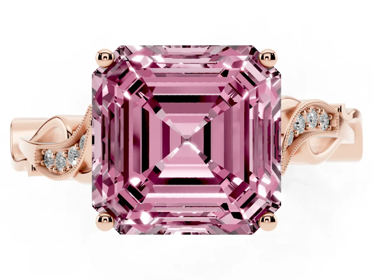 Fancy Pink Asscher Cut Solitaire Vine Band with Milgrain Prong Setting Rose gold