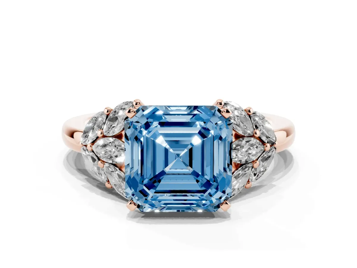 Fancy Blue Asscher Cut Diamond Cluster Leaf Design Ring with Prong Setting Rose gold
