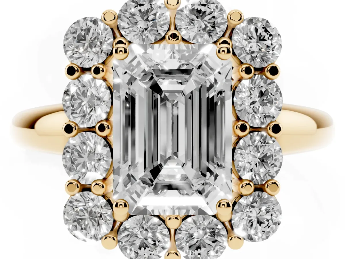 Emerald Cut Halo Cluster Diamond Engagement Ring with Prong Setting and Polished Band Yellow gold