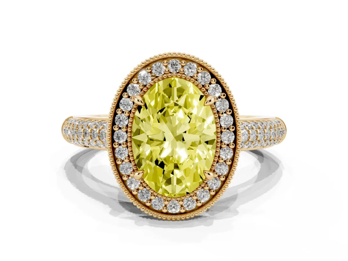 Fancy Yellow Oval Cut Cut Halo Diamond Pave Band with Four-Prong Setting Yellow gold