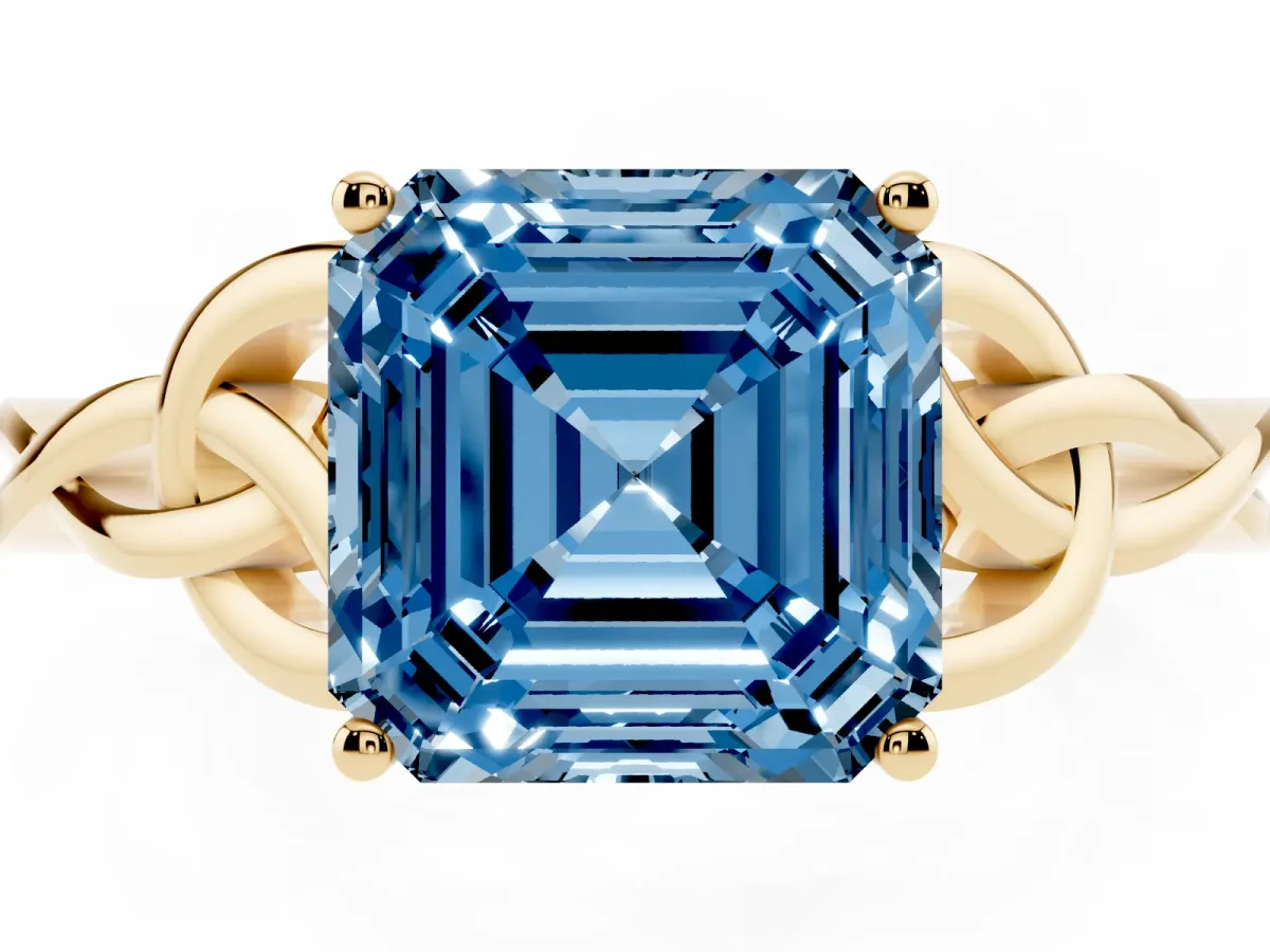 Fancy Blue Asscher Cut Diamond Solitaire Engagement Ring with Celtic Knot Band and Four-Prong Setting Yellow gold