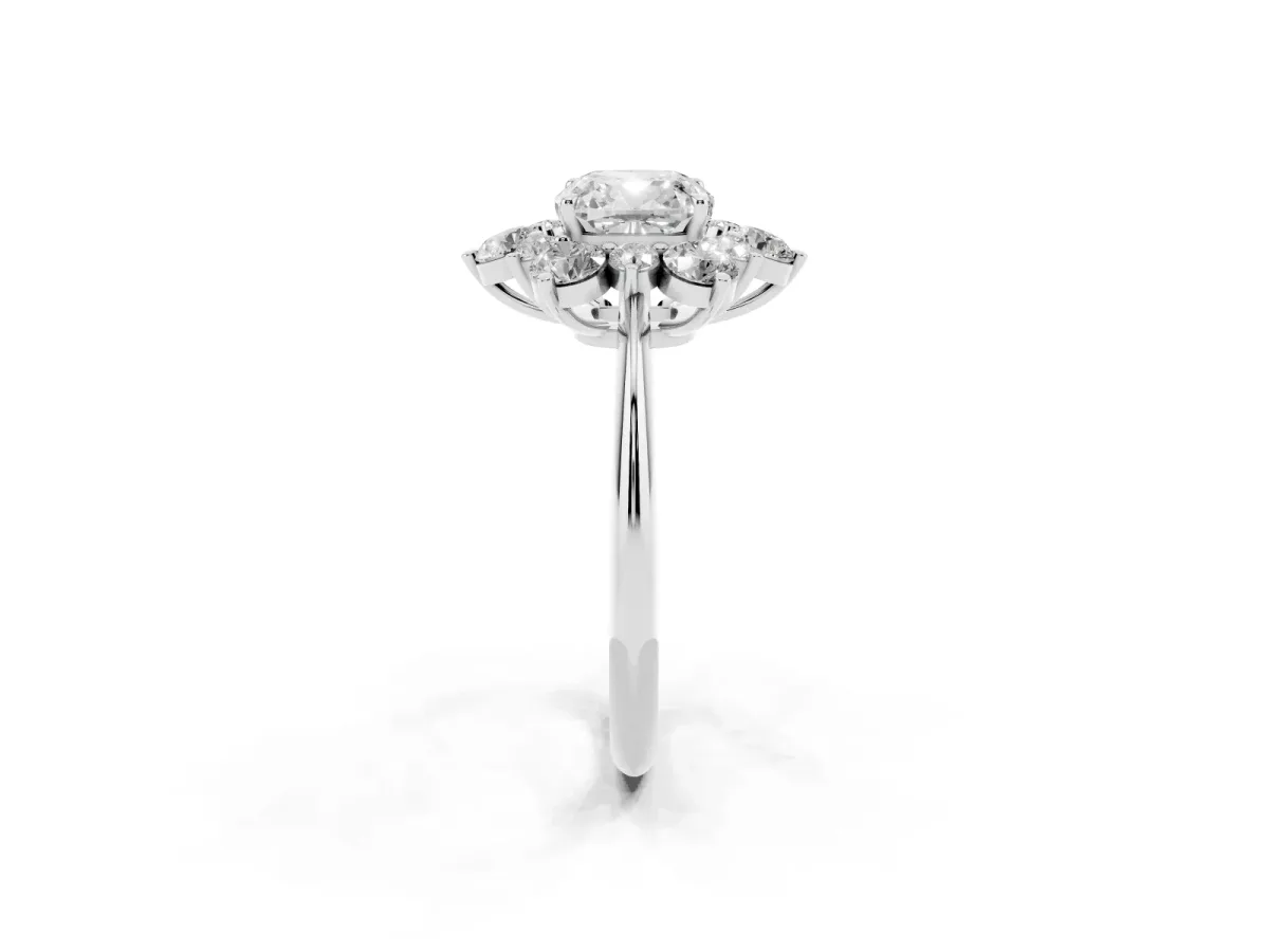 Cushion Cut Diamond Cluster Halo Ring with Solitaire Band and Four-Prong Setting Platinum