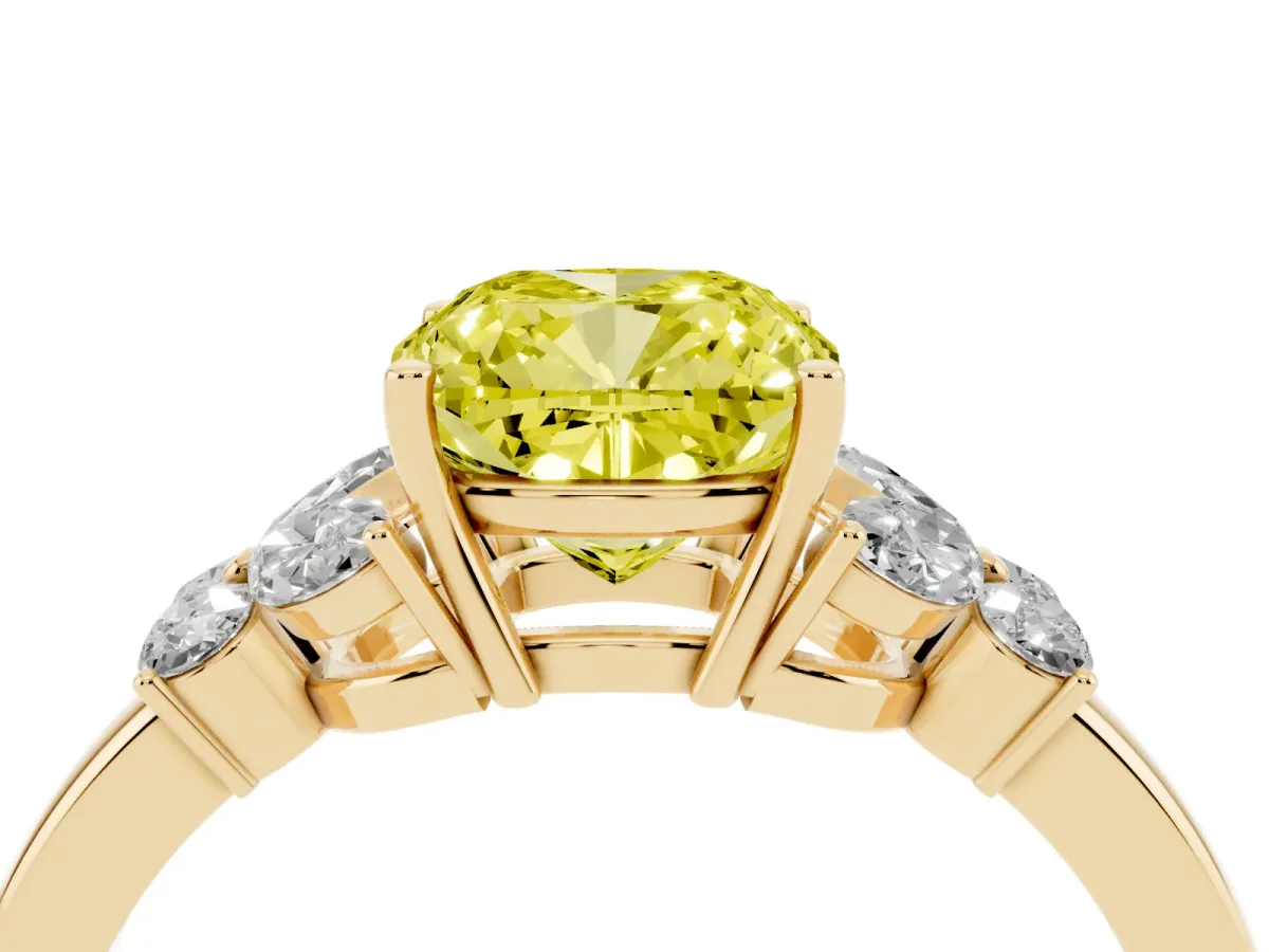Fancy Yellow Cushion Cut Cut Solitaire Floral Diamond Ring with Four-Prong Setting Yellow gold