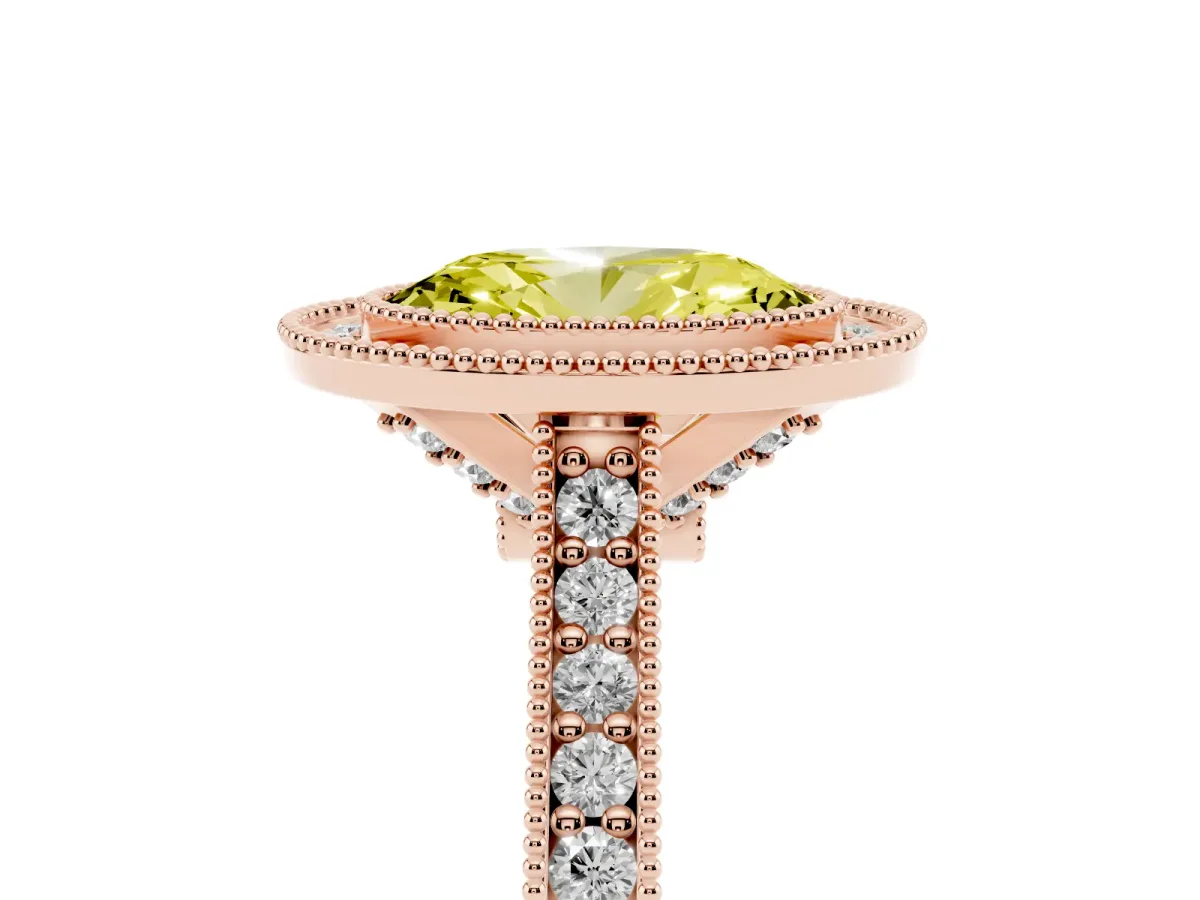 Fancy Yellow Halo Oval Cut-Cut Diamond Pave Band Milgrain Prong Setting Ring Rose gold