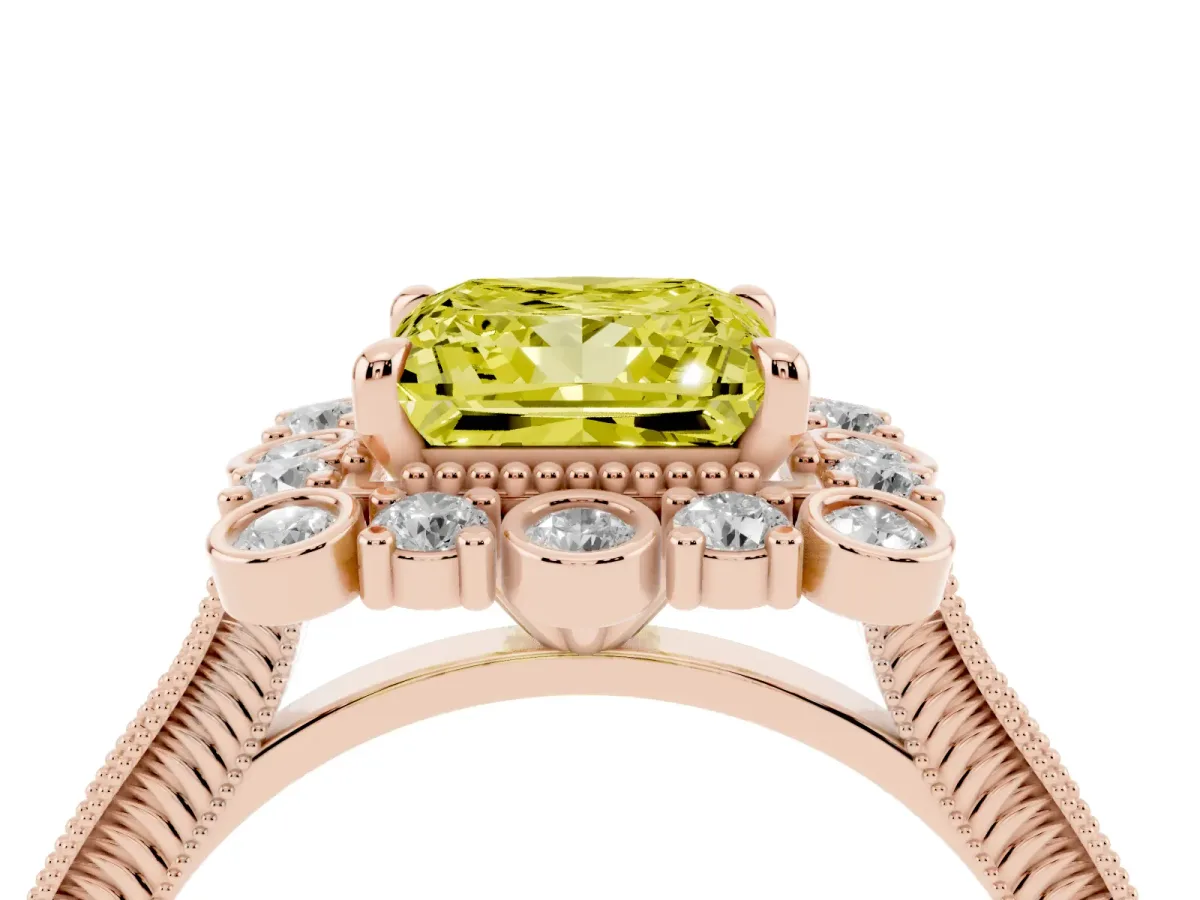 Fancy Yellow Princess Cut Halo Milgrain Pave Diamond Ring with Four-Prong Setting Rose gold