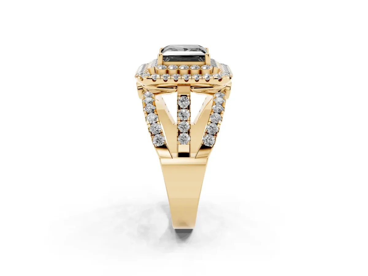 Fancy Black Princess Cut Diamond Double Halo Ring with Round Pavé Split Shank and Prong Setting Yellow gold