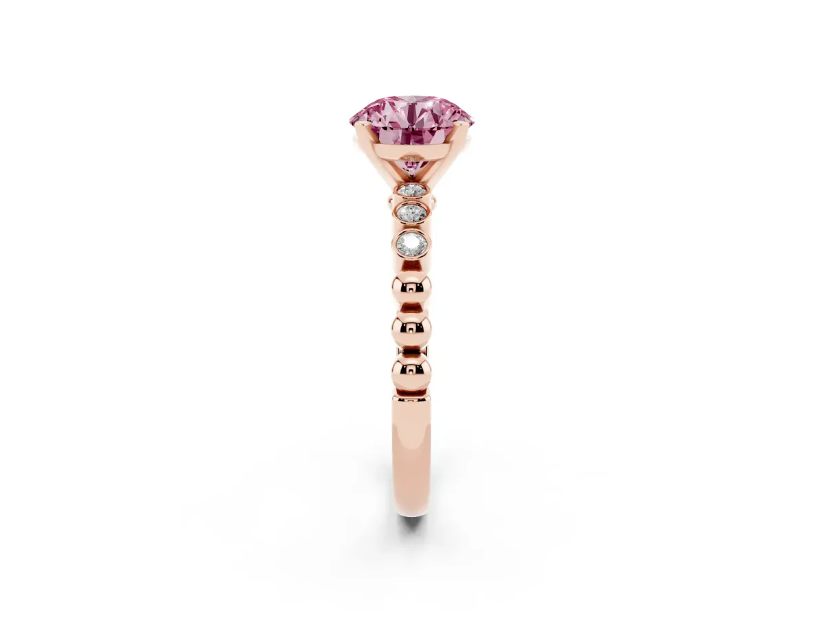 Fancy Pink Round Cut Solitaire Bezel Accent Diamond Engagement Ring with Beaded Band and Four-Prong Setting Rose gold