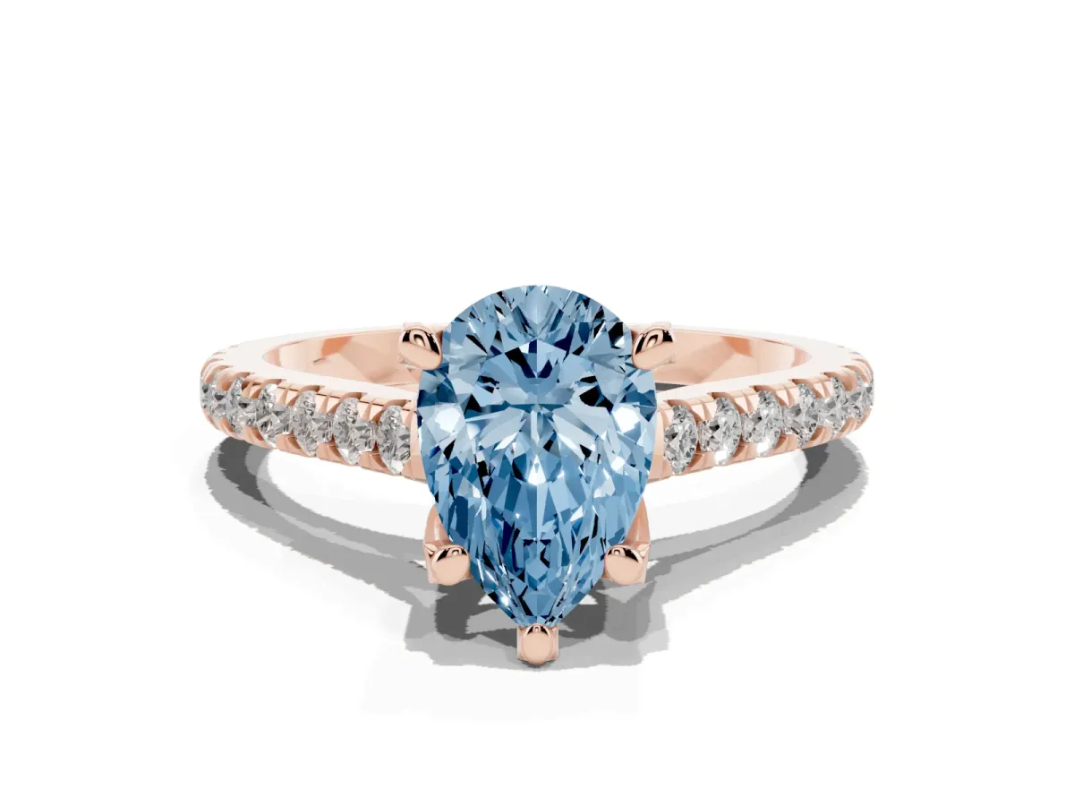 Fancy Blue Pear Cut Brilliant Diamond Solitaire with Pavé Band and Four-Prong Setting Rose gold